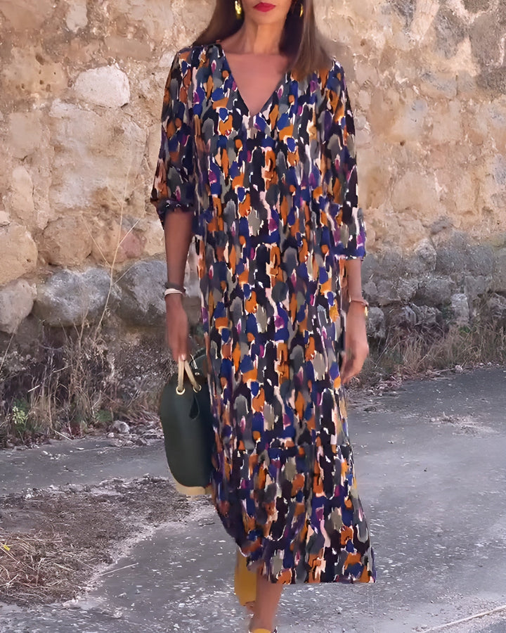 Nathalie | Robe à col en V imprimé rétro