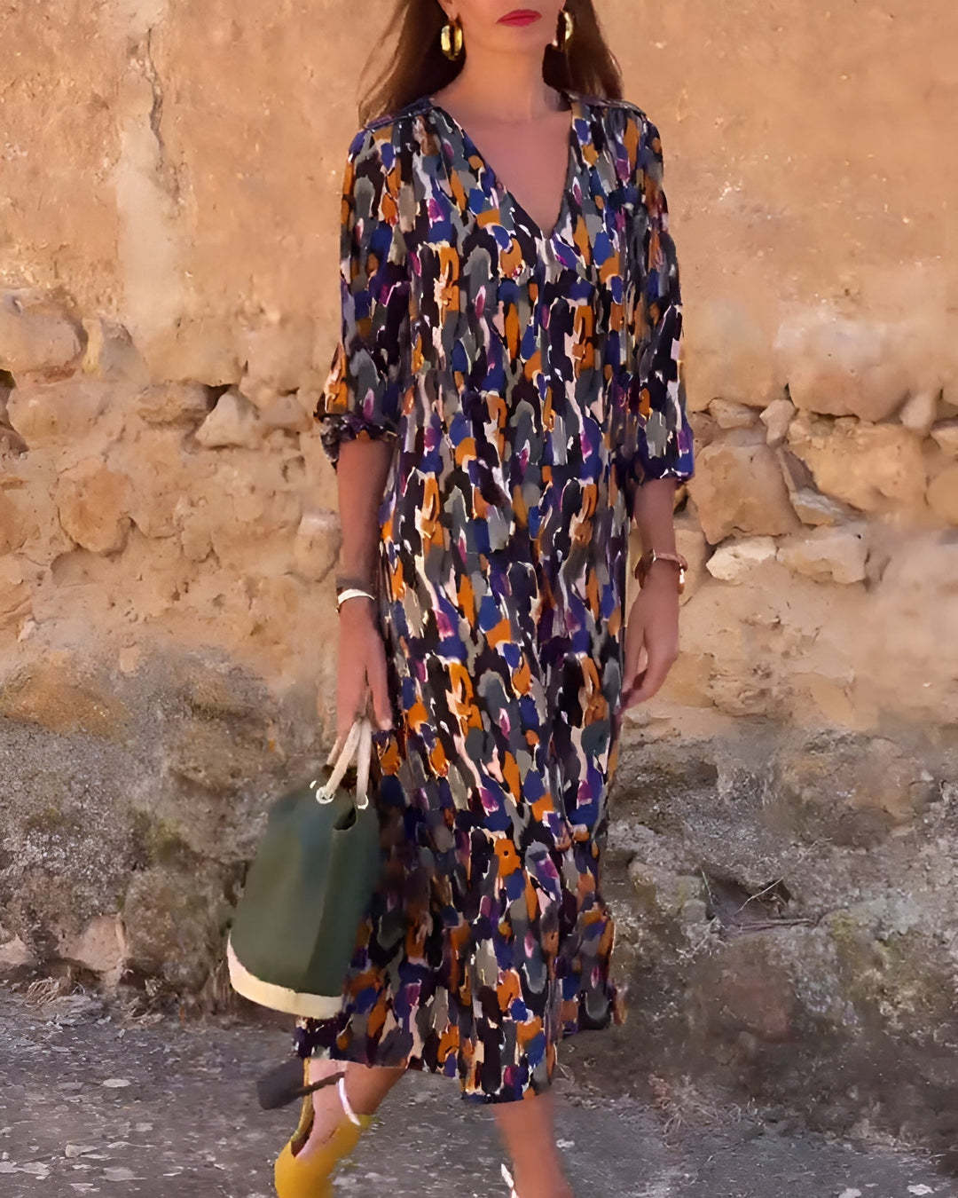Nathalie | Robe à col en V imprimé rétro