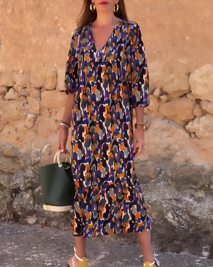 Nathalie | Robe à col en V imprimé rétro