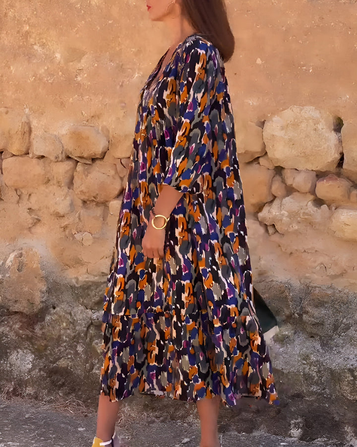 Nathalie | Robe à col en V imprimé rétro