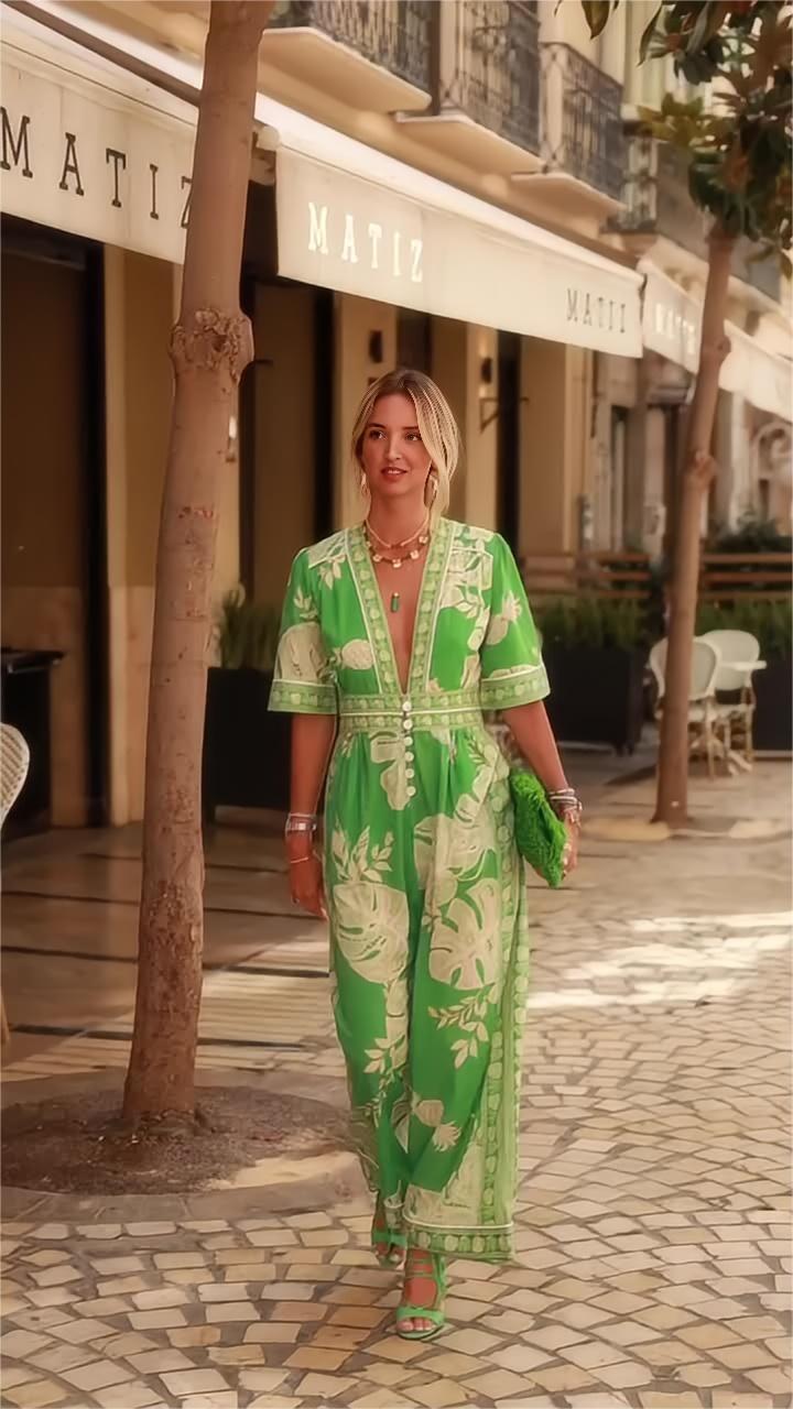 Solea | Combinaison tropicale à col en V avec imprimé fleuri