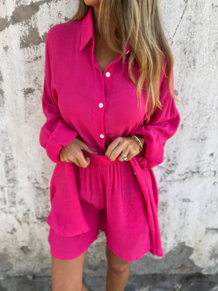 Niva | Ensemble décontracté en lin avec blouse longue et short relax