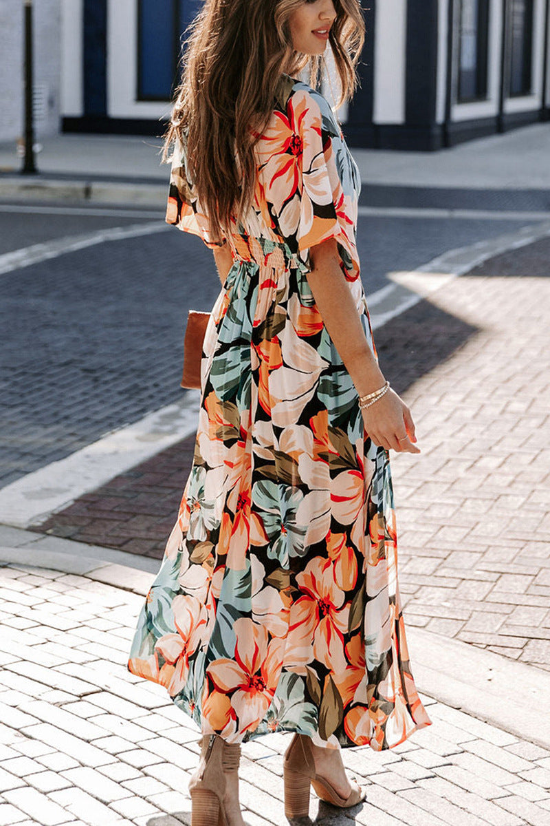 Aylin | Robe longue tropicale à col en V avec fente