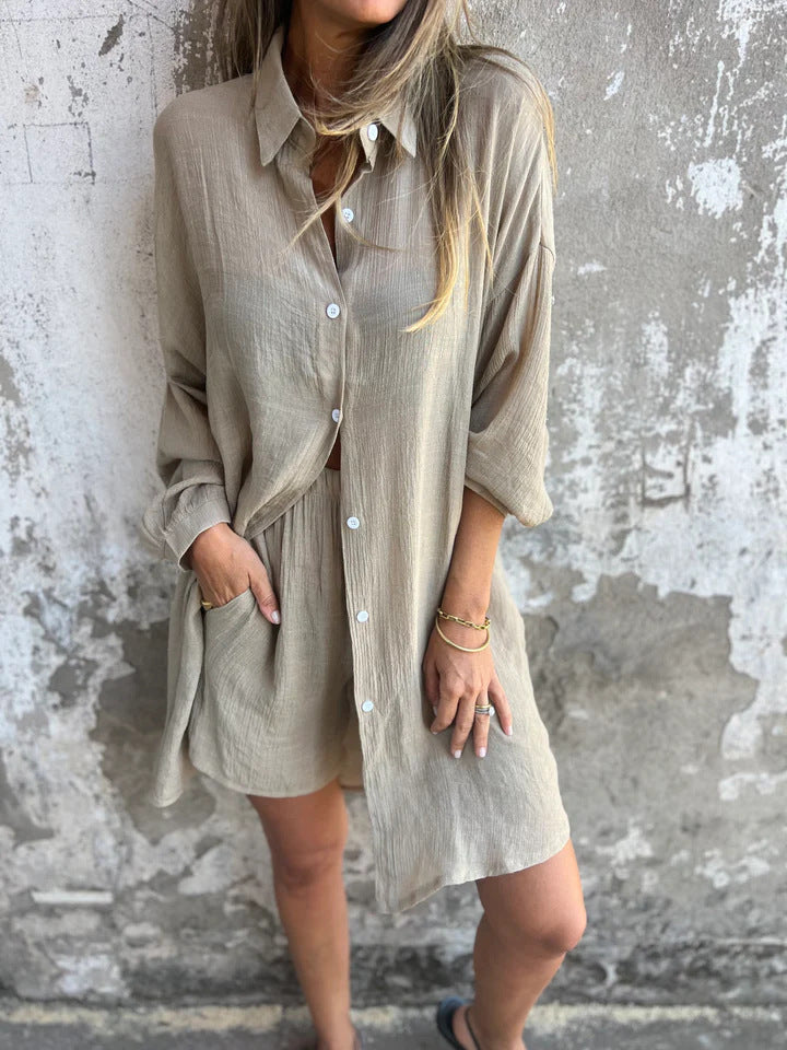 Niva | Ensemble décontracté en lin avec blouse longue et short relax