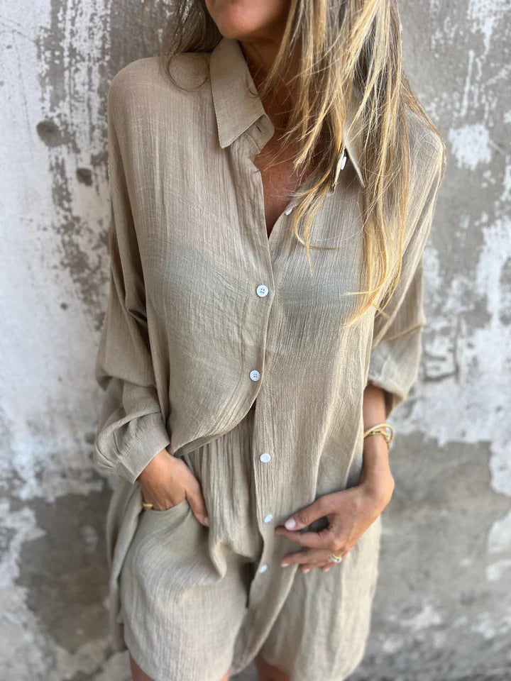 Niva | Ensemble décontracté en lin avec blouse longue et short relax