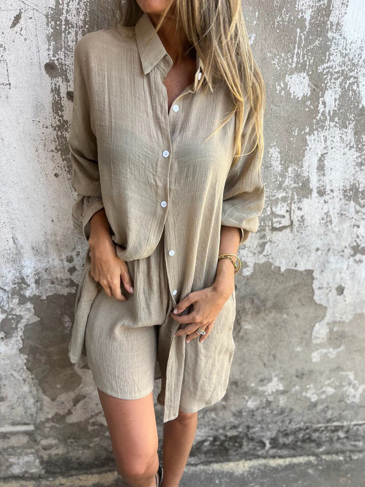 Niva | Ensemble décontracté en lin avec blouse longue et short relax