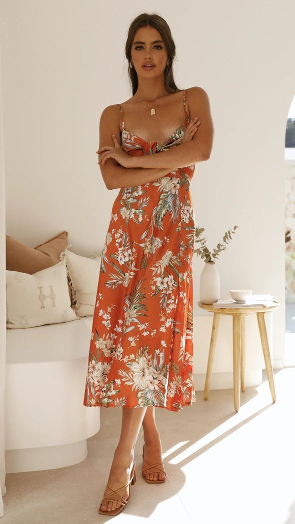 Isabelle | Robe midi à nœud et imprimé fleuri