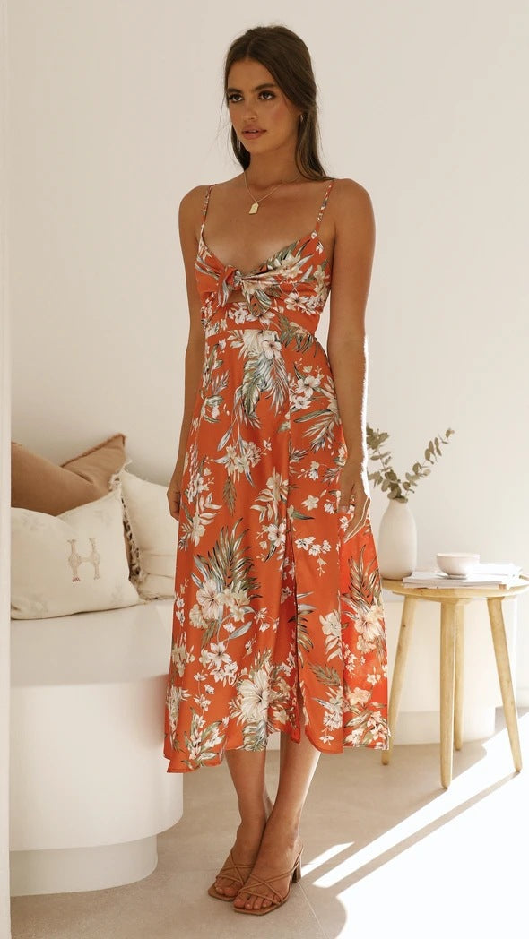 Isabelle | Robe midi à nœud et imprimé fleuri