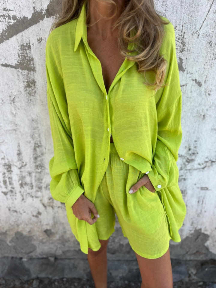Niva | Ensemble décontracté en lin avec blouse longue et short relax