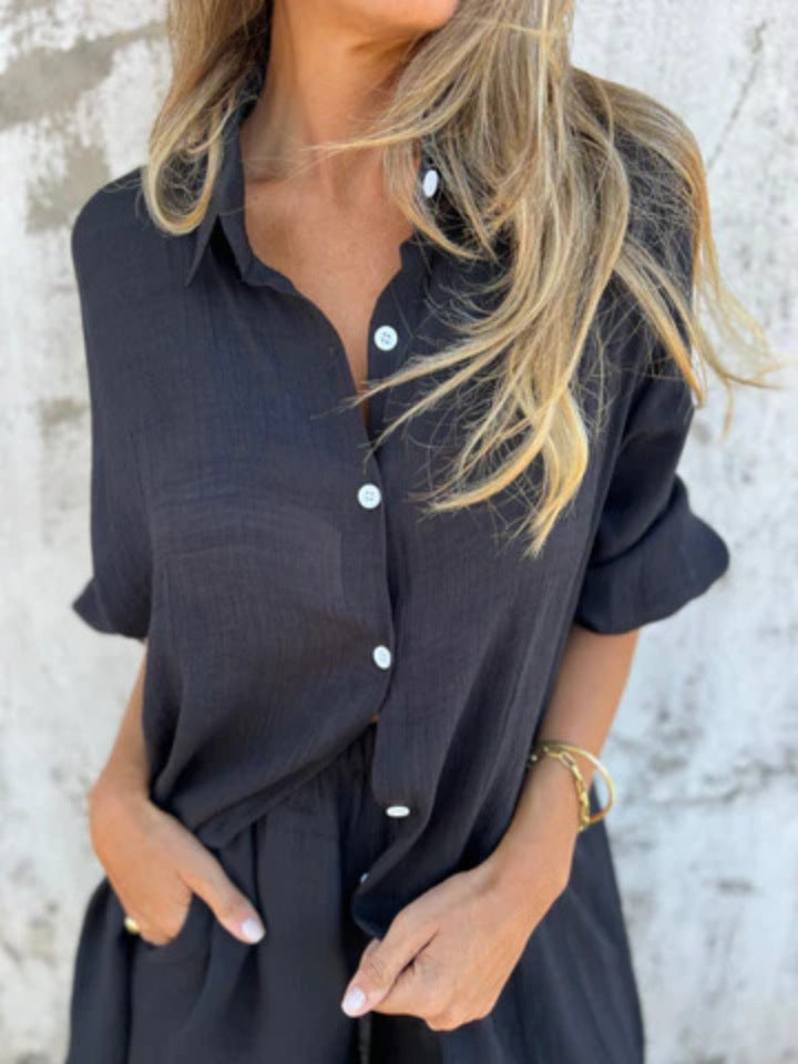 Niva | Ensemble décontracté en lin avec blouse longue et short relax