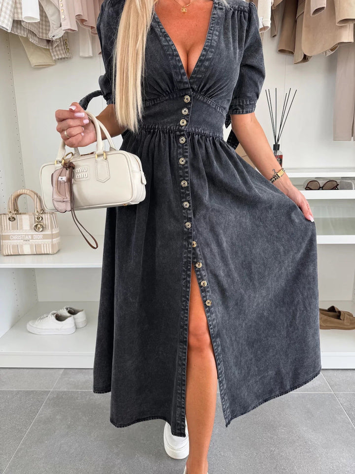Séréna | Robe maxi effet denim avec décolleté plongeant