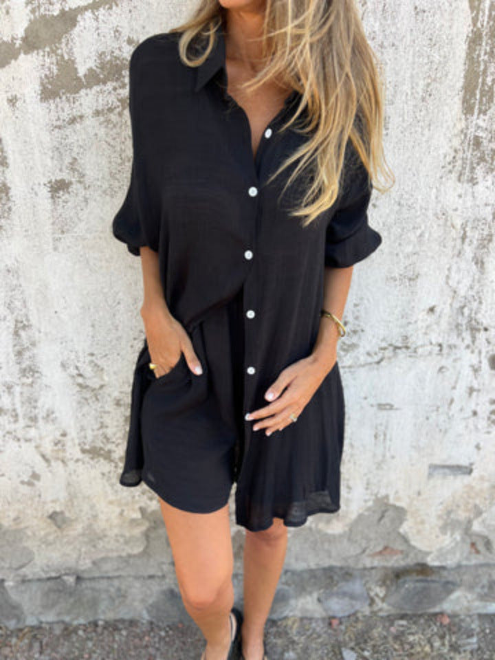 Niva | Ensemble décontracté en lin avec blouse longue et short relax