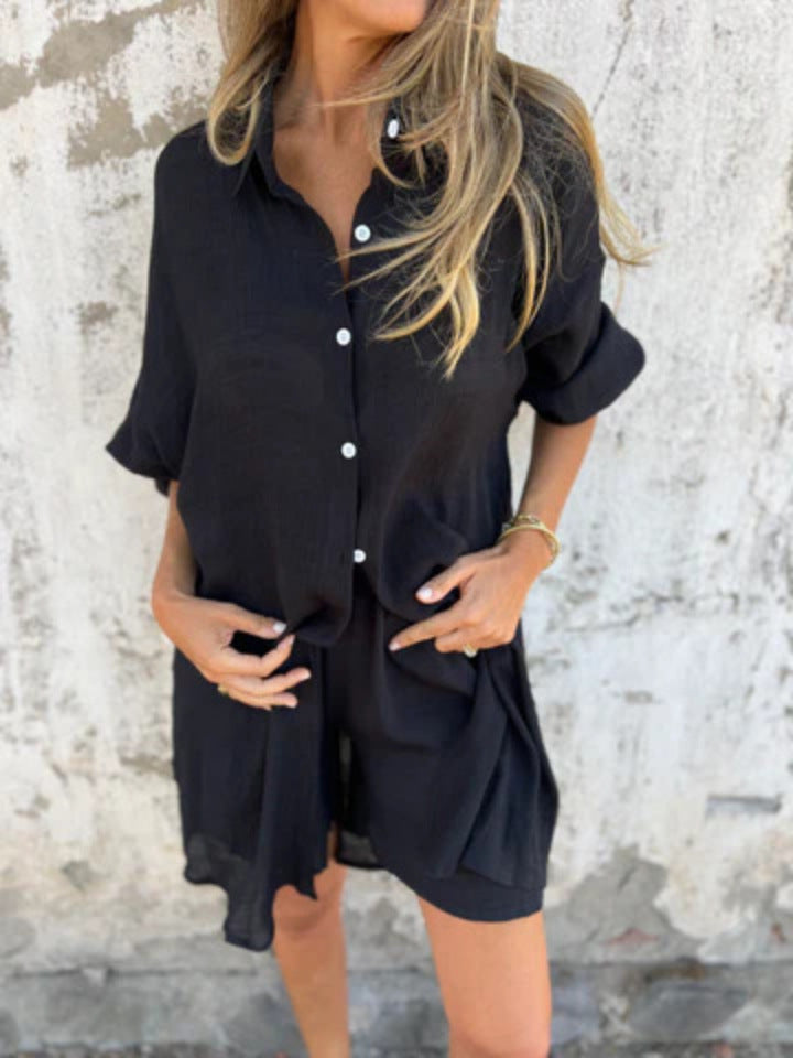 Niva | Ensemble décontracté en lin avec blouse longue et short relax