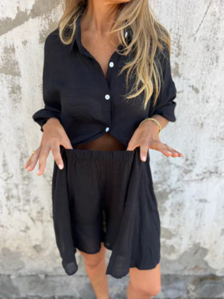 Niva | Ensemble décontracté en lin avec blouse longue et short relax