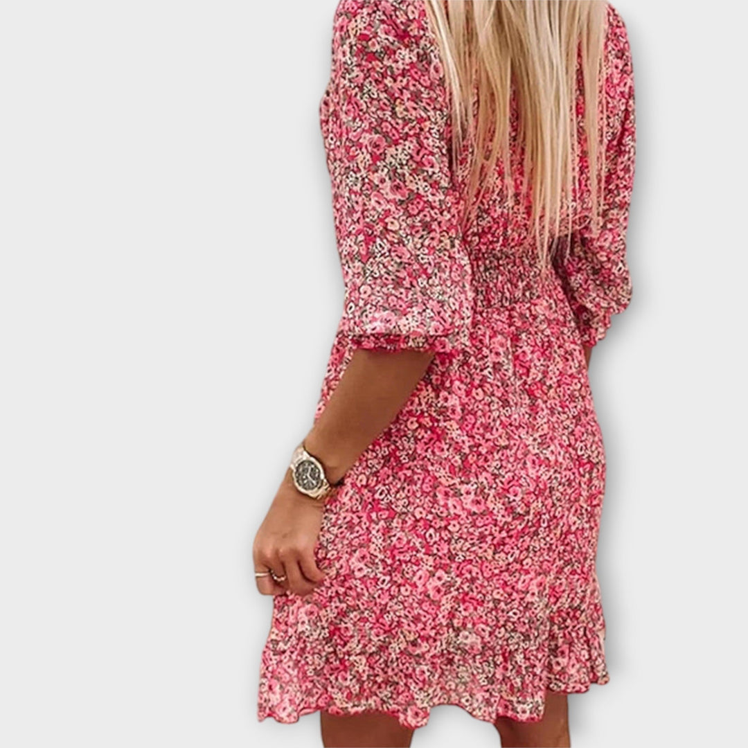 Léonie | Robe fleurie à col en V et taille froncée
