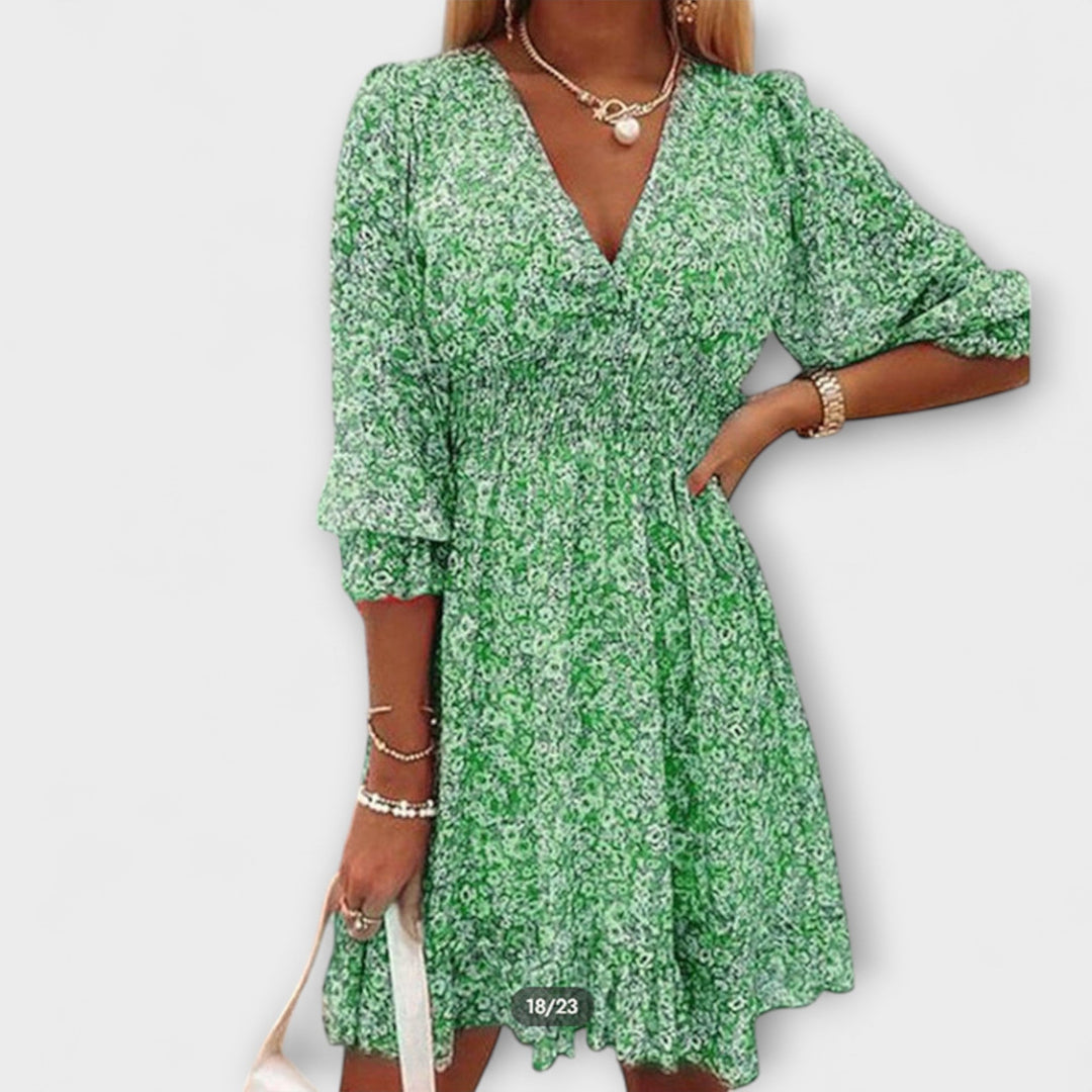 Léonie | Robe fleurie à col en V et taille froncée