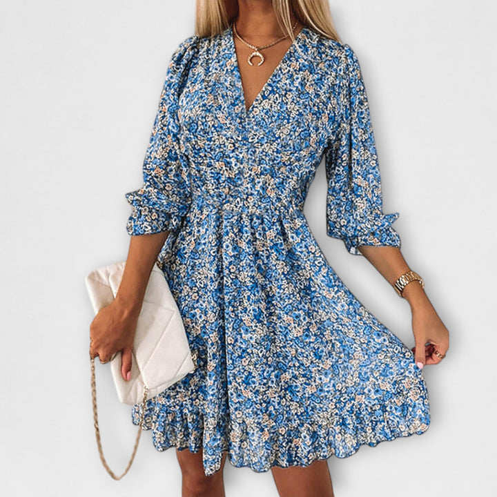 Léonie | Robe fleurie à col en V et taille froncée