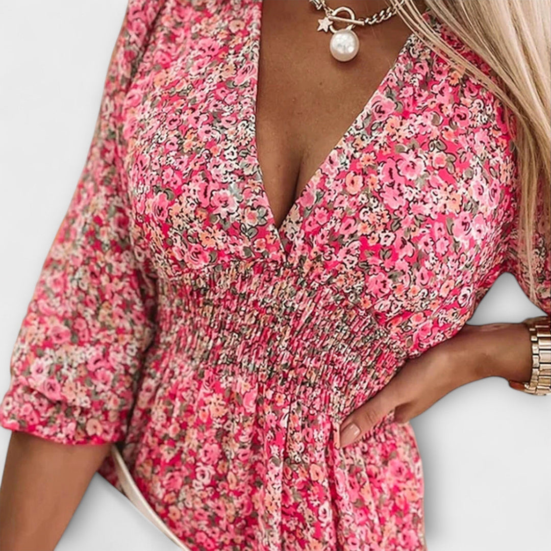 Léonie | Robe fleurie à col en V et taille froncée