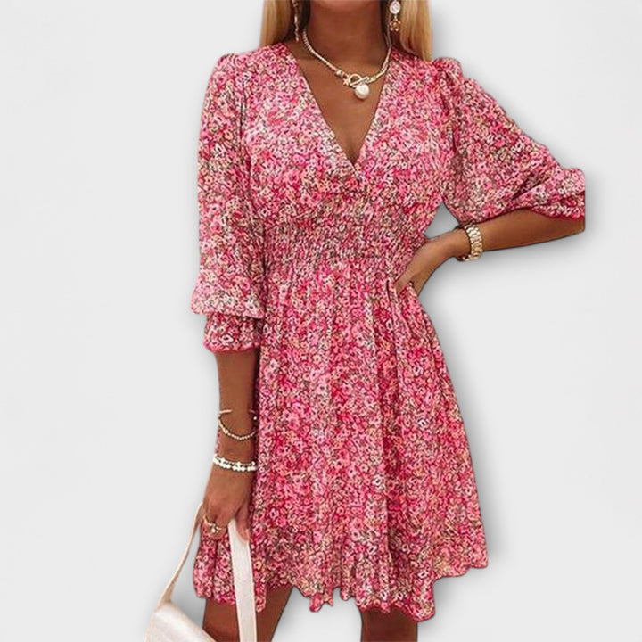 Léonie | Robe fleurie à col en V et taille froncée